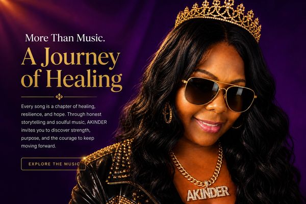 Woman with crown and sunglasses promotes healing through music.