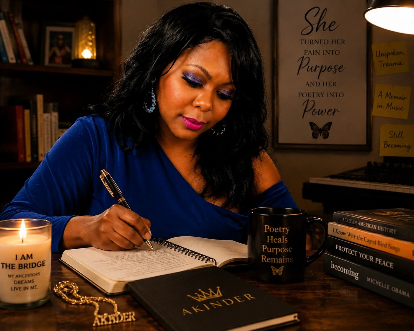 AKINDER writing poetry at her desk, surrounded by journals, books, candles, and creative materials.