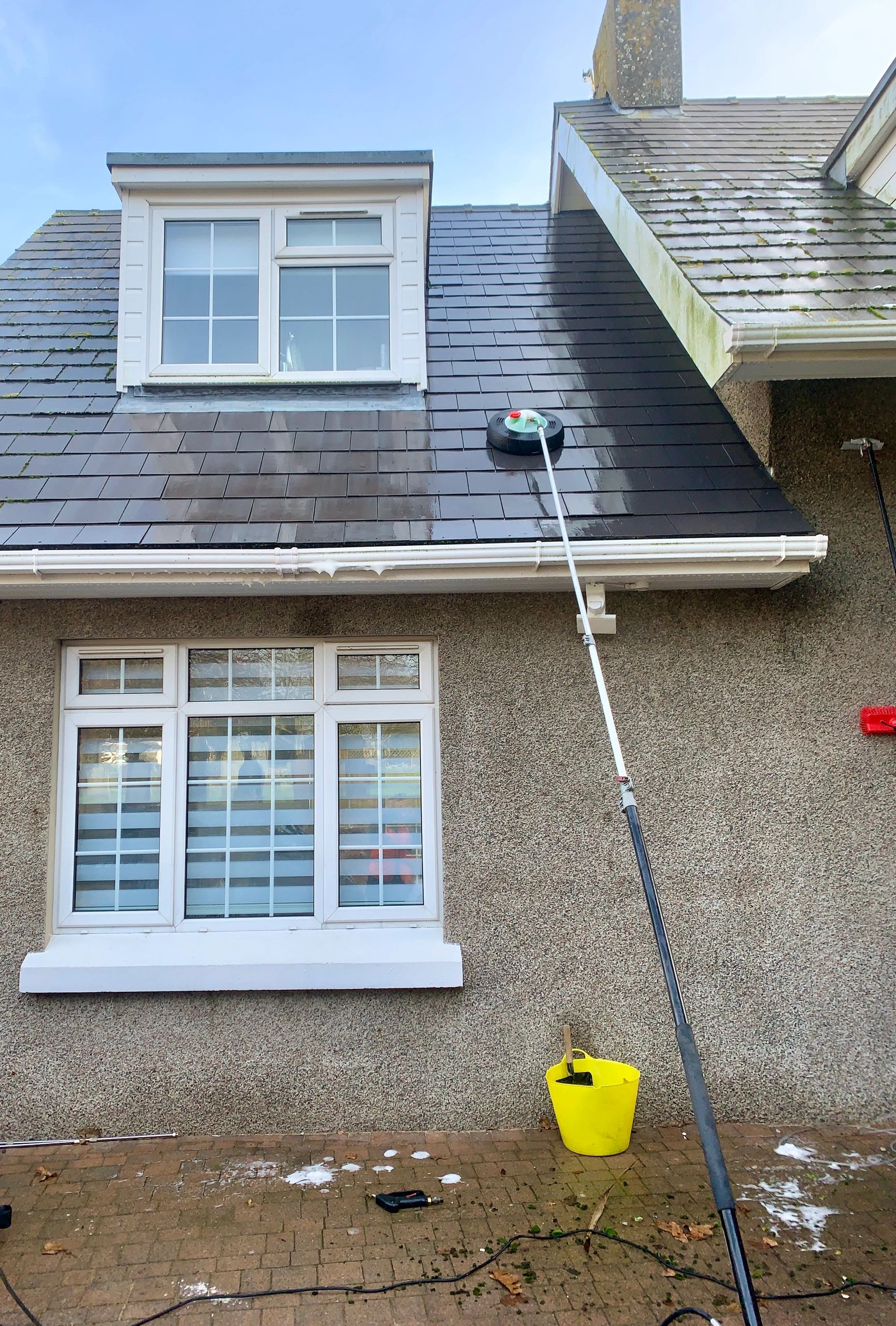 MossWash - Long reach pressure washing using flat surface rotary cleaning attachment...