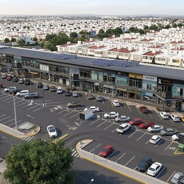 A large shopping center with solar panels and adjacent residential area.