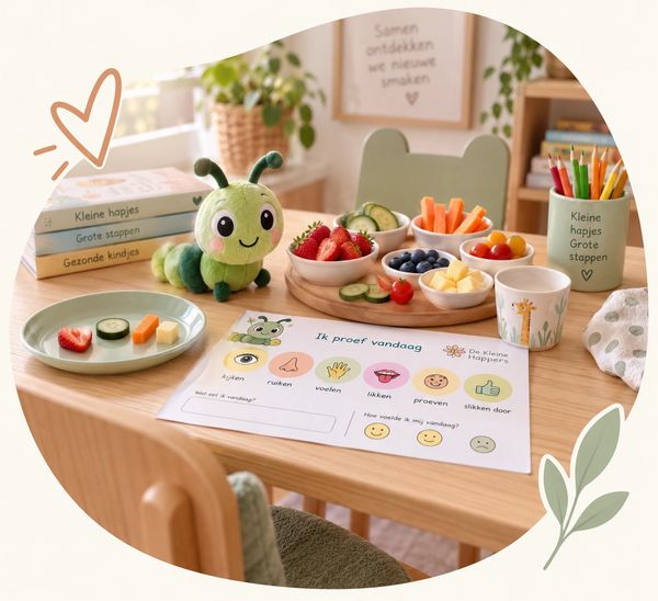 Tafel met gezond kindermenu en knuffel.