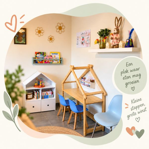 Kindvriendelijke eet- en speelruimte met houten meubels en kleurrijke accenten.