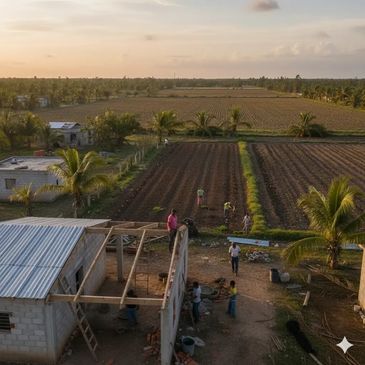 Workers building a house near farmland at sunset.
