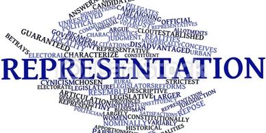 Word cloud centered on 'Representation' with related political terms.