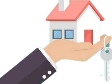 Hand holding a house with a key symbolizing home ownership.