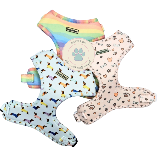 Colorful dog harnesses by Pastel Paws.