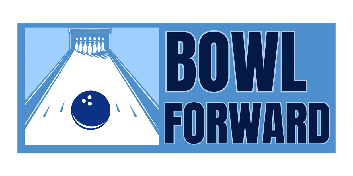 BowlForward's logo, which is different shades of blue and depicts and bowling ball rolling up the ce