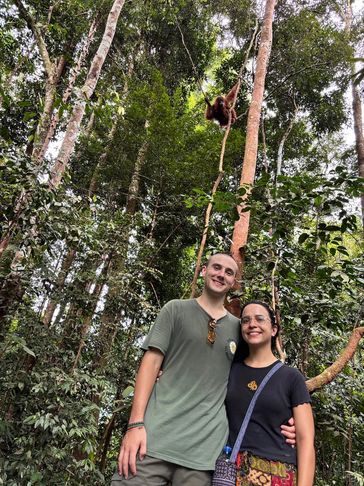 Sumatra orangutan trekking experience with couple in Bukit Lawang jungle