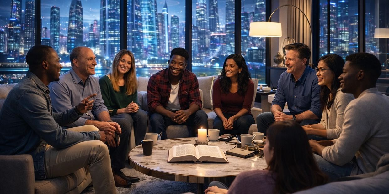A diverse group enjoys a cozy evening gathering with a city skyline backdrop.