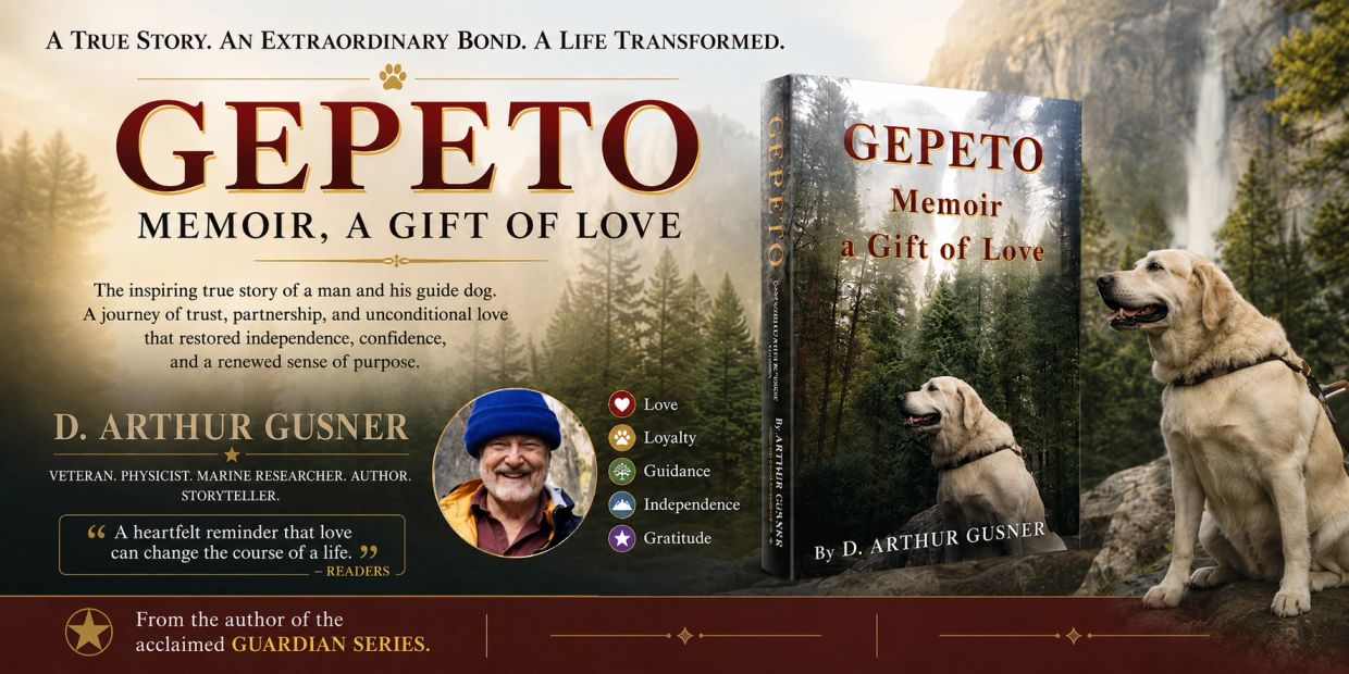 Book cover for 'Gepeto Memoir, A Gift of Love' by D. Arthur Gusner with a guide dog and a waterfall.