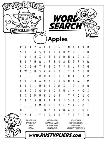 Rusty Pliers Apples Word Search Activity Sheet.