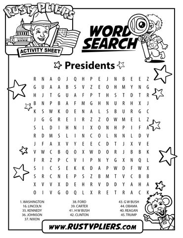 Rusty Pliers President Word Search Activity Sheet.