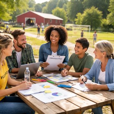 Group of volunteers planning outdoors at a wooden table with charts and laptops.