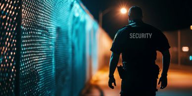 Security guard patrolling a dimly lit area at night near a fence.
