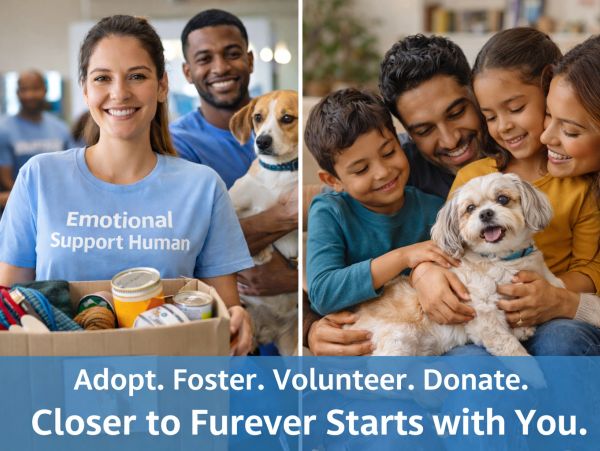Volunteers and family with pets promoting adoption and fostering.