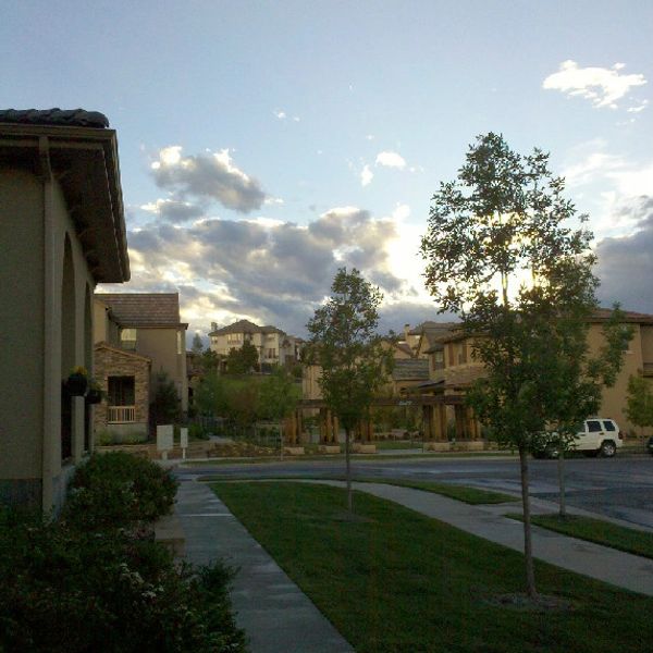 Quiet suburban street with houses under a cloudy sky at dusk.