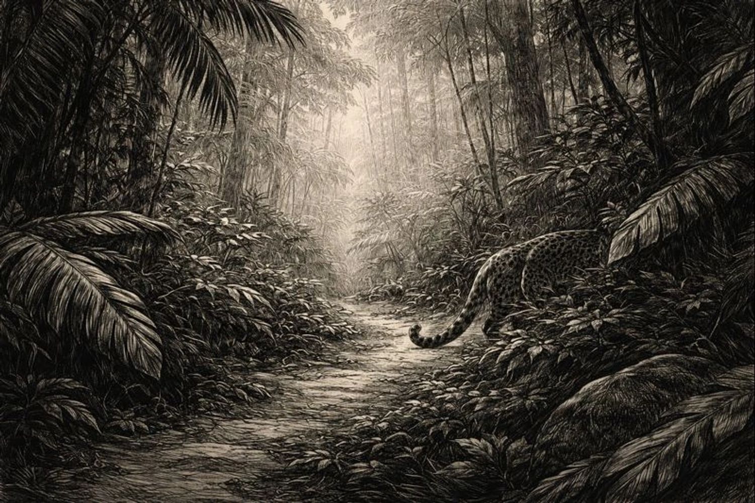 Pencil illustration of a jaguar partially hidden in the Lacandon Jungle beside a narrow jungle path.