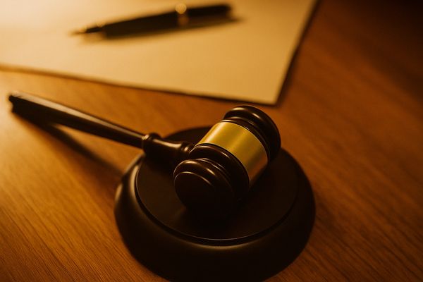 A judge's gavel on a wooden table with warm lighting.