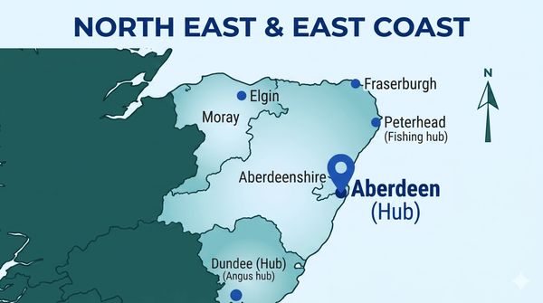 Map highlighting North East & East Coast service areas