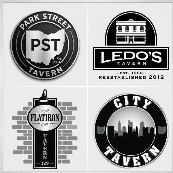 Four black-and-white tavern logos with vintage designs.