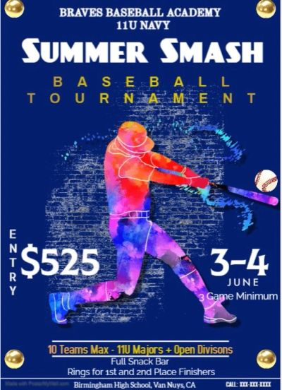 Colorful baseball player graphic promoting Summer Smash baseball tournament in June.