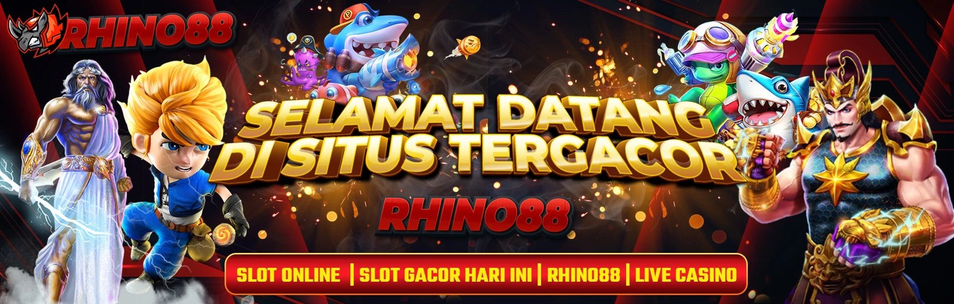 Colorful gaming characters welcome players to Rhino88 online slot and live casino site.