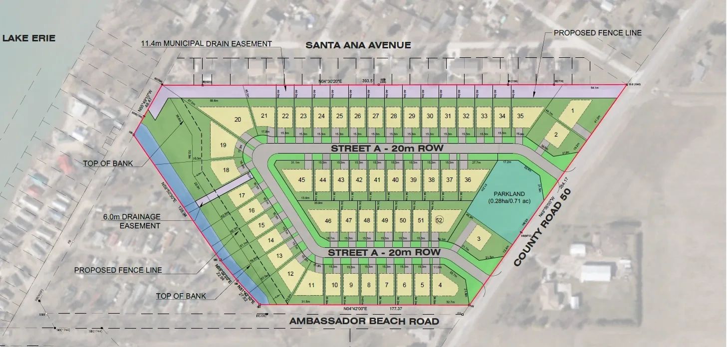 Site plan showing residential lots, parkland, roads, and drainage easements near Lake Erie.