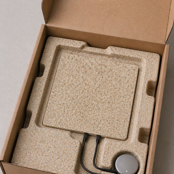Eco-friendly packaging with electronic device inside.