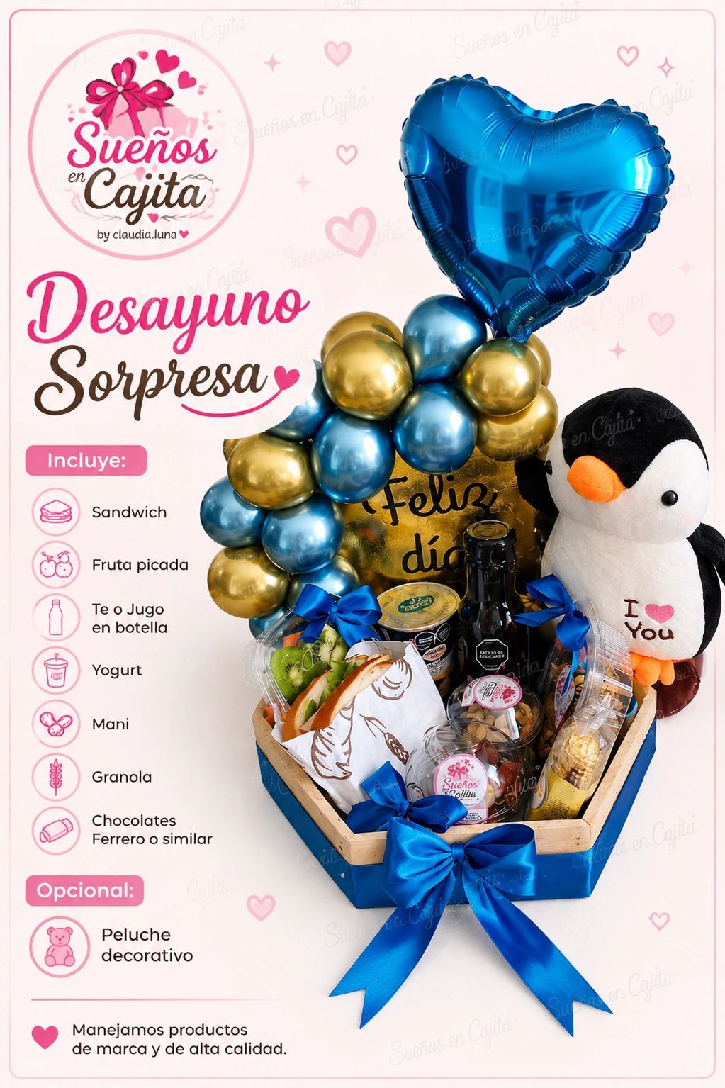 Desayuno sorpresa con globos azules y peluche de pingüino.