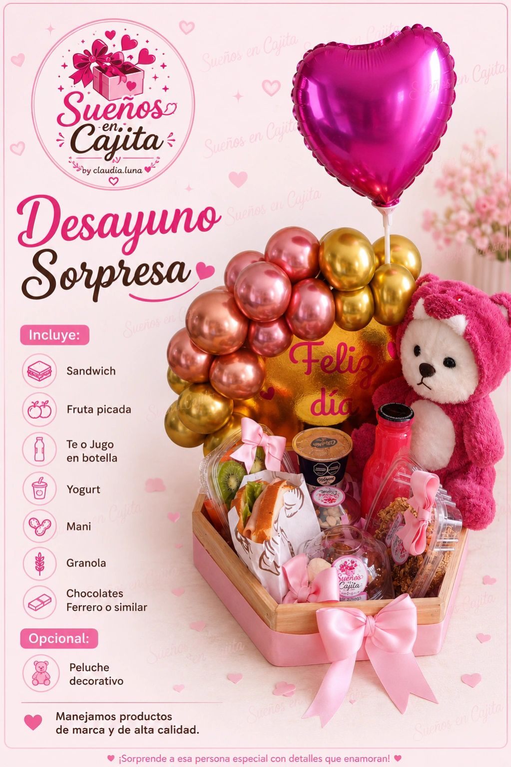 Desayuno sorpresa con detalles especiales y peluche decorativo.
