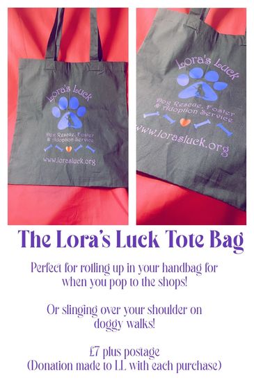 A tote bag with loras luck logo on it. 