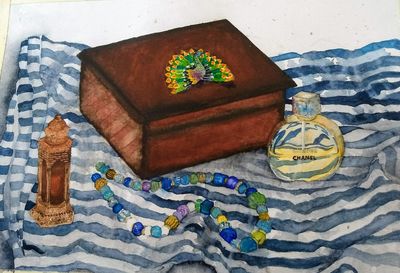 Jewellery and perfume still life in watercolour - Art portfolio preparation
