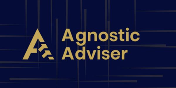 Logo of Agnostic Adviser with stylized gold letters on a dark blue background.