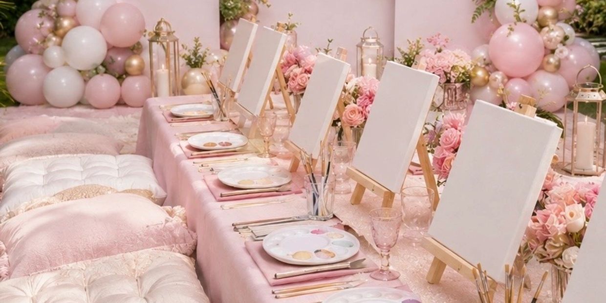 Pink-themed painting party setup with canvases and balloons.