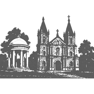 An illustration of Molo Church in Iloilo City in black and white.