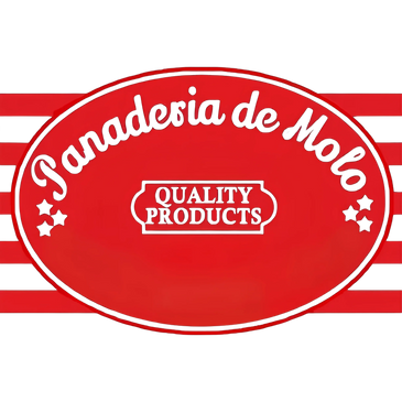 The IPOPHL trademarked name and logo of Panaderia de Molo in it's old format. Red and white shapes.