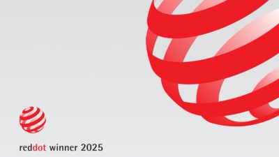 Red Dot winner 2025 logo with red spherical design.
