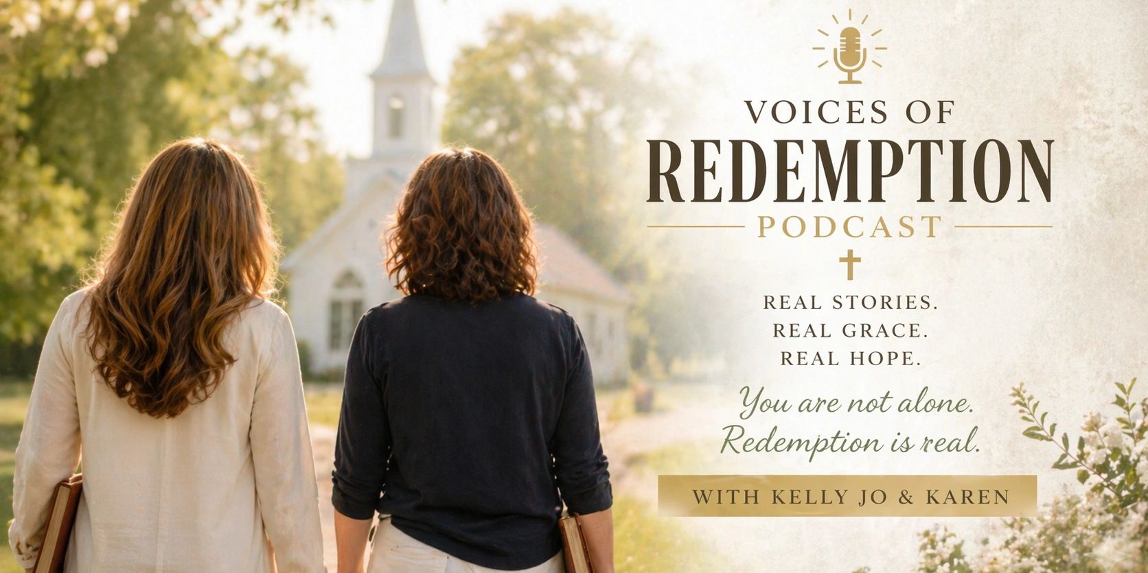 Two women walking toward a church, promoting the Voices of Redemption podcast.