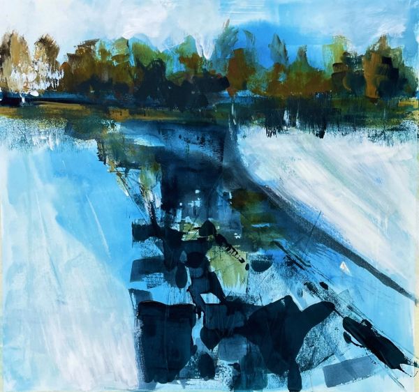 Abstract landscape with blue and earthy tones.