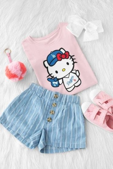 A cute Hello Kitty outfit with blue striped shorts and pink shoes.