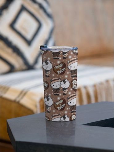 Brown tumbler with cute cartoon characters and text design.