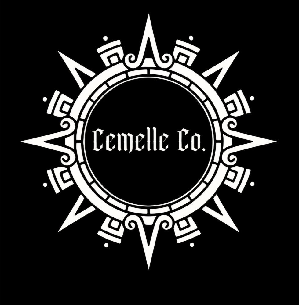 Black and white logo with intricate circular design and text Cemelle Co.