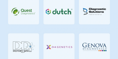 Collection of logos from medical diagnostics and genetics companies on a light blue background.