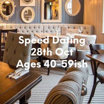 Cozy restaurant promoting speed dating for ages 50+ on June 4th.