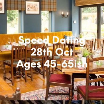 Cozy restaurant promoting speed dating for ages 50+ on June 4th.