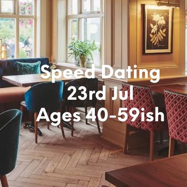 Cozy restaurant promoting speed dating for ages 50+ on June 4th.