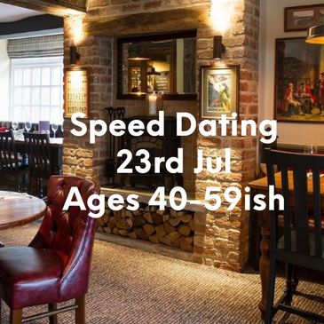Cozy restaurant promoting speed dating for ages 50+ on June 4th.