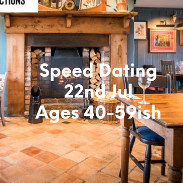 Cozy restaurant promoting speed dating for ages 50+ on June 4th.