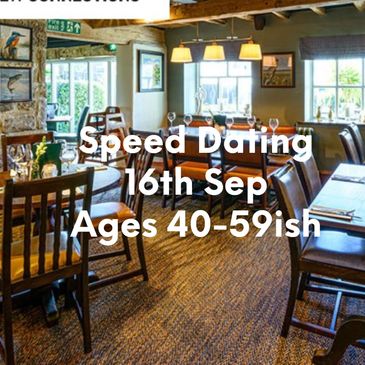 Cozy restaurant promoting speed dating for ages 50+ on June 4th.