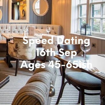 Cozy restaurant promoting speed dating for ages 50+ on June 4th.